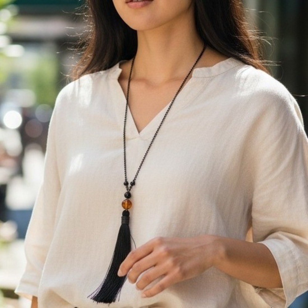 Vintage Rare Flapper Long Tassel Necklace Black Czech Glass Beads Sautoir 26"
